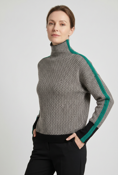 Women's Turtleneck Sweater | Herringbone Contrast Stripe - 5