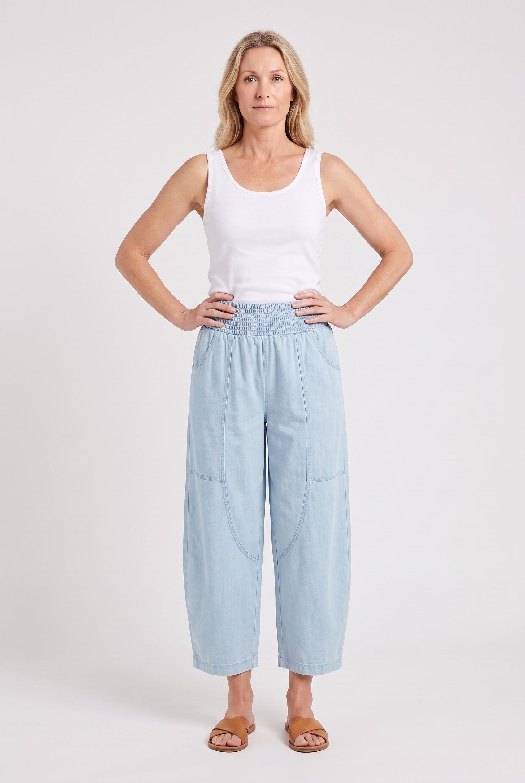Women's Wide Leg Pants | Cropped Smocked Waist - 6